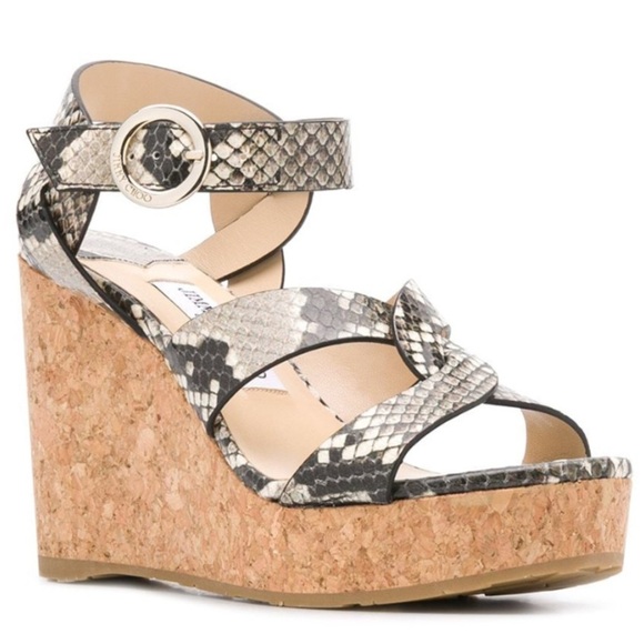 JIMMY CHOO ALEILI 100 Natural Snake Printed Leather Platform Wedge - Picture 9 of 10